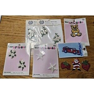 Vtg 9 Embroidered Sew On Appliques Lot Floral Strawberry Fire Truck Santa Star